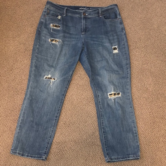 INC International Concepts Denim - INC BOYFRIEND REGULAR FIT DISTRESSED (LEOPARD) JEANS